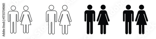 Vector art of diverse representations of male and female figures standing side by side, showcasing varying styles and line thicknesses in black and white