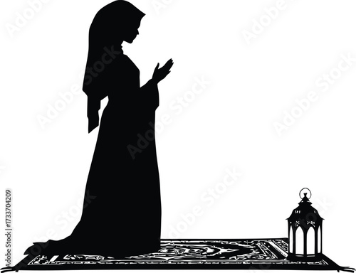 Prayer Silhouette Vector Featuring Kneeling Person on Rug with Lantern in Black and White Line Art Style