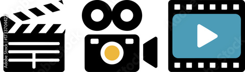 Movie making icons including camera film and clapperboard symbols design