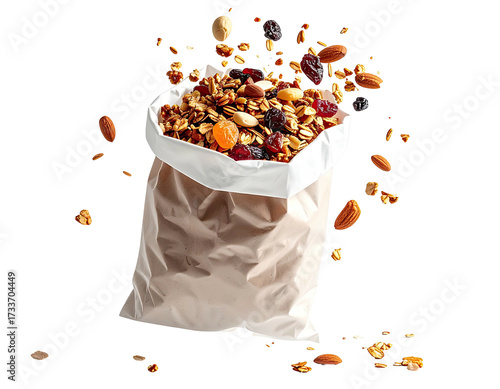 Granola mix bursting from a paper bag, with falling ingredients