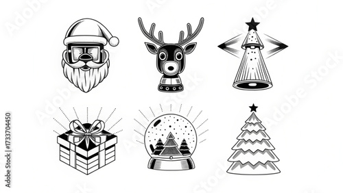 Black and white christmas icons including santa claus reindeer tree gift and snow globe illustration