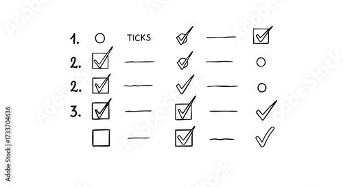 Hand-drawn checklist illustration with various tick marks and empty boxes, showing progress.