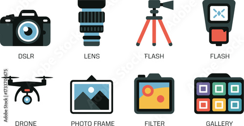 Photography equipment and accessories icon set for creative projects vector illustration