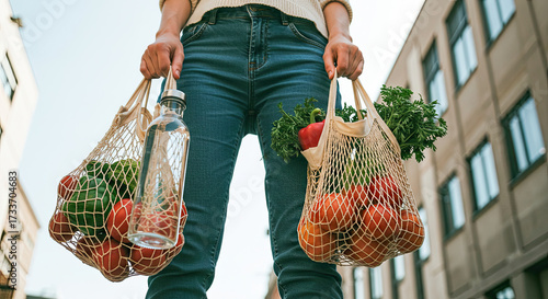 Person carries reusable mesh bags filled with fresh produce and water bottle