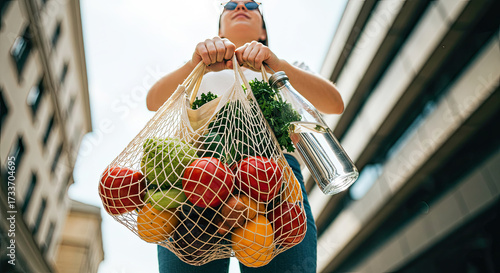 Fresh organic produce fills reusable mesh bag held by happy shopper in urban setting