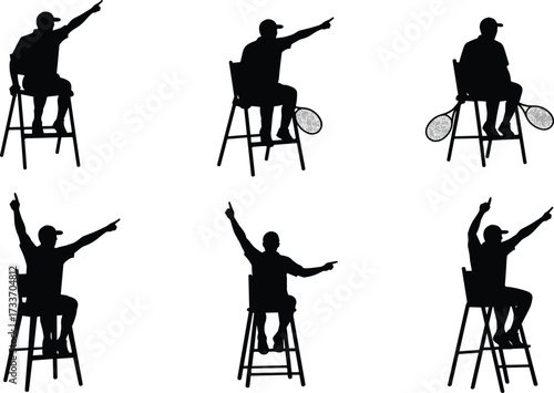 Tennis umpire silhouette, seated figure pointing, black vector illustration, referee chair pose, sports official gesture, isolated icon, minimal design