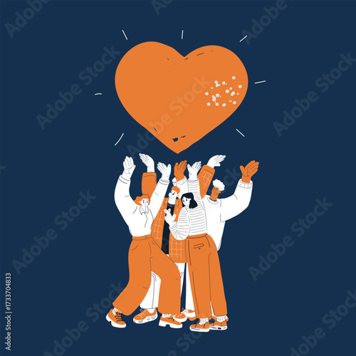 Cartoon vector illustration of people holding a huge heart above their heads symbol of unity, love, and shared compassion over dark background