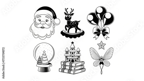 Black and white christmas themed clip art featuring santa reindeer snow globe and other festive elements