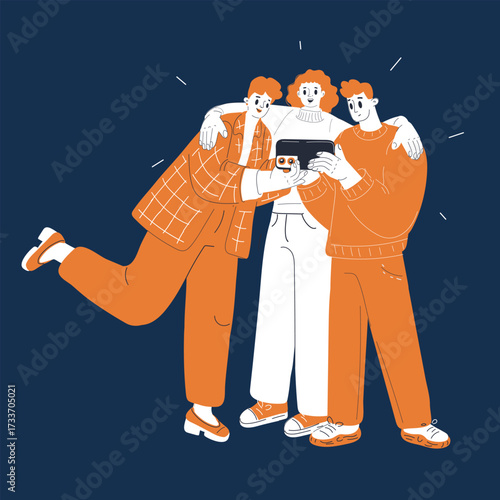 Cartoon vector illustration of people celebrating togetherness unity over dark background