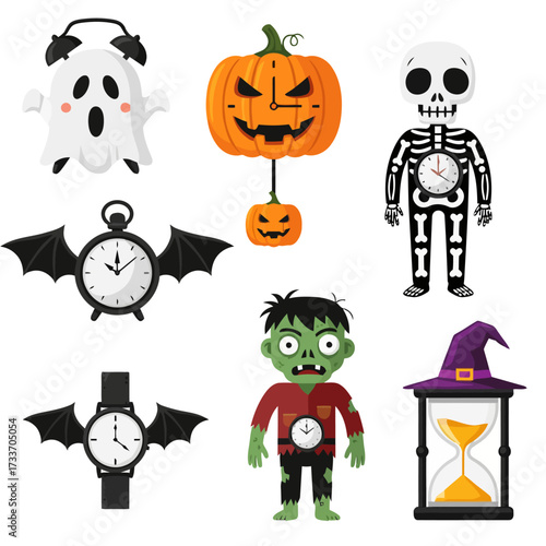 Halloween themed clocks and characters, including a ghost, pumpkin, skeleton, bat, zombie, and witch hat hourglass.