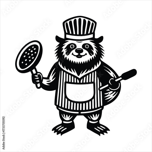 Cute sloth chef holding a frying pan and spatula