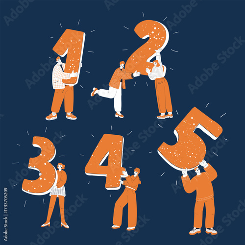 Cartoon vector illustration of five people holding sequential numbers from one to five symbol of teamwork, order, and achieving goals together over dark background