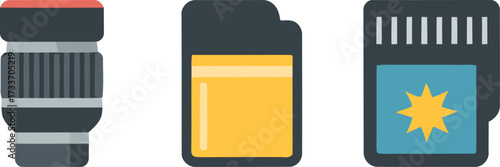 Photography equipment vector set lens and sd card illustrations