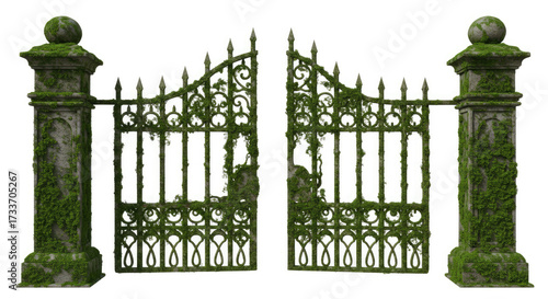 Antique Ornate Wrought Iron Gate with Moss Covered Stone Pillars.