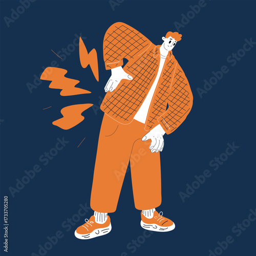 Cartoon vector illustration of a man suffering from back pain symbol of physical strain and the importance of self-care over dark background