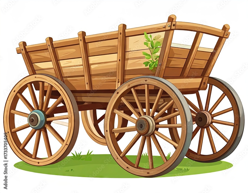 Fototapeta premium Antique Wooden Cart with Rustic Wheels on Green Grass Field Illustration