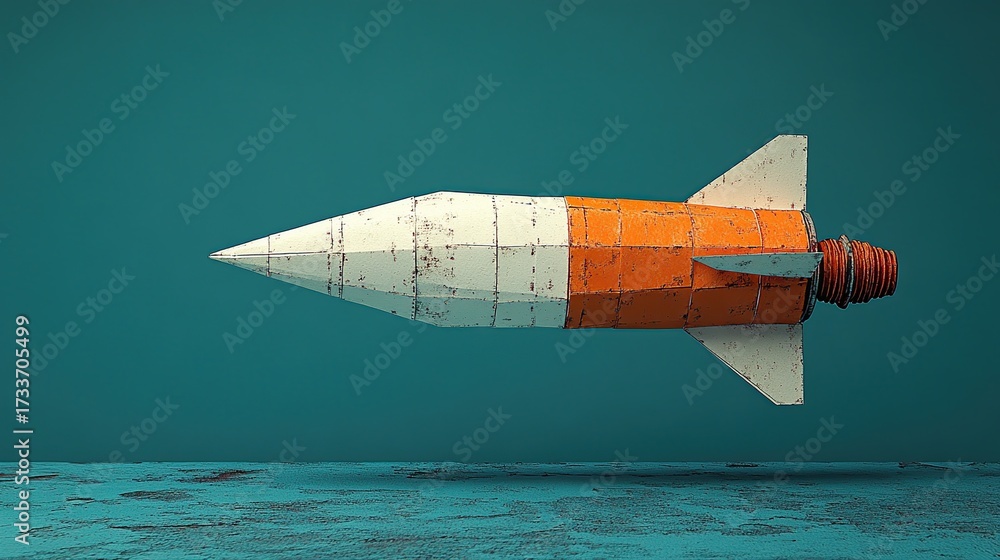 Fototapeta premium Retro futuristic rocket suspended mid air against teal background blending segmented metal design vintage textures space exploration mechanical detail nostalgic sci fi aesthetics