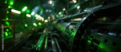 Industrial metallic pipeline with green neon lights in a dark underground tunnel Concept of technology, engineering, and futuristic infrastructure