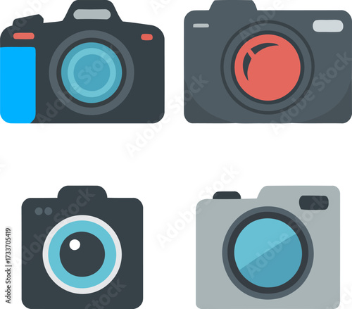 Set of camera icons in various styles and colors graphic design
