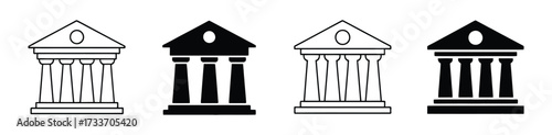 Vector art of a series of four bank icons are presented, showcasing a progression from a simple outline to a solid black silhouette, each icon represents a classical building facade