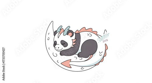 Dreamy dragon panda illustration sleeping peacefully on a crescent moon, whimsical and adorable for children's designs and fantasy projects