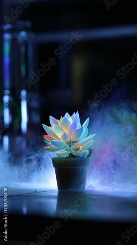 Dark, plant, in the laboratory, a single, luminous, succulent, plant, leaf, s...