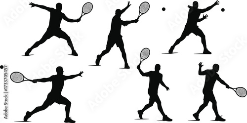 Tennis, silhouette, athlete, racket, swing, serve, forehand, backhand, motion, action pose, sports training, dynamic movement, technique, skill, coaching, physical 