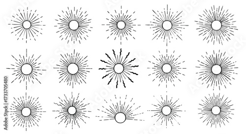 Collection of various sunburst designs, radiating lines emanating from central circular shapes.
