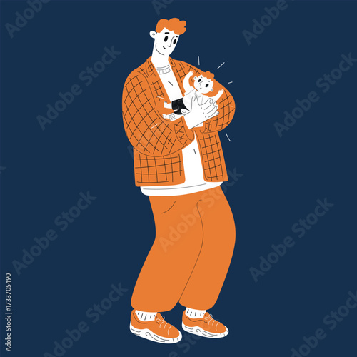 Cartoon vector illustration of father with son family bonding over dark background