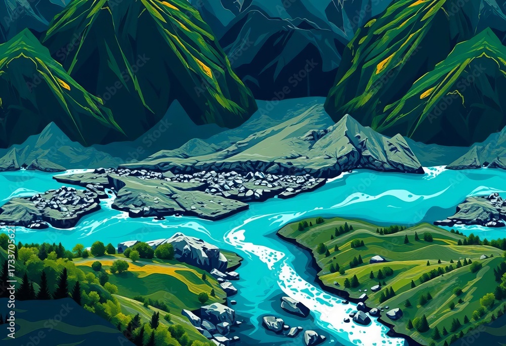 Abstract mountain river landscape vector wallpaper, repeating geometric pattern,  background,  calm