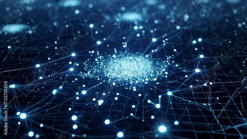 Blue network of glowing spheres connected by lines, central cluster visible