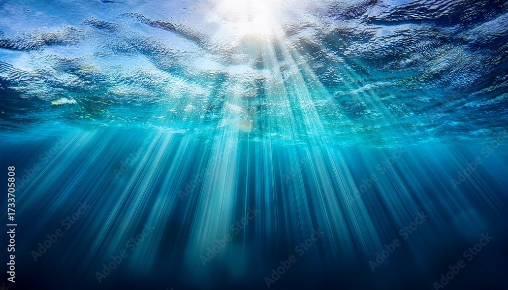 Obraz premium Underwater Light Rays Shining Through Clear Ocean Water Surface Background