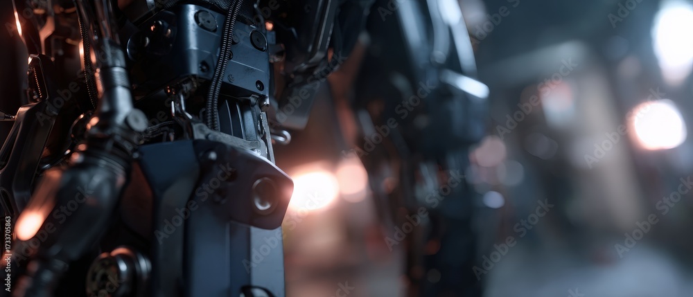 Fototapeta premium Closeup of a futuristic robot with intricate mechanical details in a dimly lit, industrial setting Concept of advanced technology, robotics, and science fiction