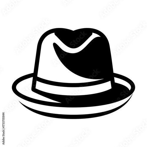 Classic black fedora hat silhouette icon, wide brim, vintage style, fashion accessory, isolated on white background for graphic and branding use.
