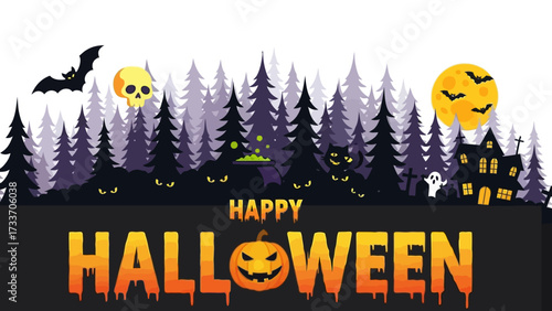 Happy Halloween banner with a spooky forest scene, haunted house, jack-o'-lantern, and full moon.