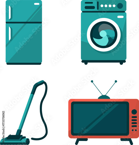 Household Appliances Colorful Vector Set including Refrigerator Washing Machine Vacuum Cleaner and Television