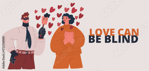 Cartoon vector illustration of a woman falling in love with a charming scammer symbol of romance, deception, and emotional vulnerability