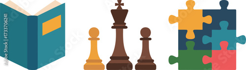 Educational games and strategic thinking concept with book chess and puzzle