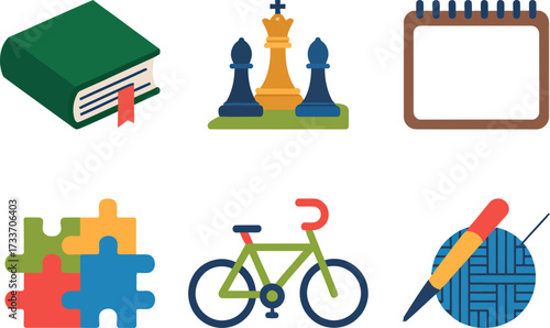 Collection of various hobbies activities interests book chess calendar puzzle bike knitting