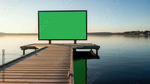 Green screen display on wooden dock set against a serene lake at dusk with warm natural lighting showcasing textured wood and tranquil waters reflecting the sky
