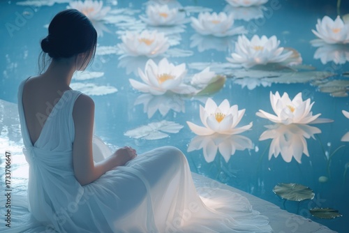A woman in a flowing white dress sits peacefully by tranquil blue water adorned with numerous white water lilies, reflecting serene beauty and profound calm.