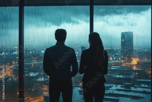 Two business figures stand silhouetted, watching heavy rain and city lights from a high-rise window, a moment of pensive urban observation.