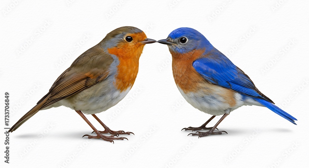 Obraz premium Vibrant colorful songbirds tenderly meet beaks against a pristine white backdrop highlighting their distinctive plumage