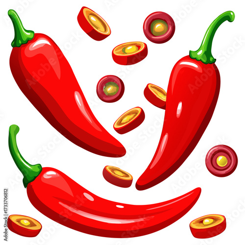 Spicy Red Chili Pepper Collection with Whole Pods and Sliced Rings Isolated on Transparent Background.