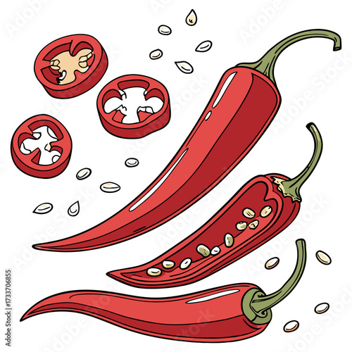 Spicy Red Chili Pepper Collection with Whole Pods and Sliced Rings Isolated on Transparent Background.