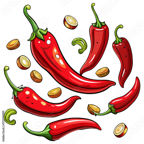 Spicy Red Chili Pepper Collection with Whole Pods and Sliced Rings Isolated on Transparent Background.