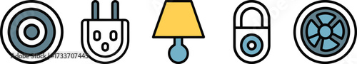 A collection of household objects including a target lamp and lock