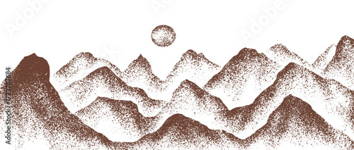 Grain stippled texture mountain range. Spray Painted mountain landscape on vintage style. use for print art, poster, cover, banner