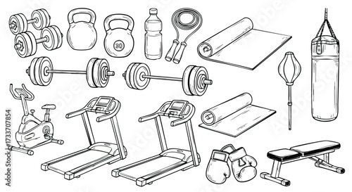 A collection of hand-drawn fitness equipment, illustrating various exercise tools for workouts and training.