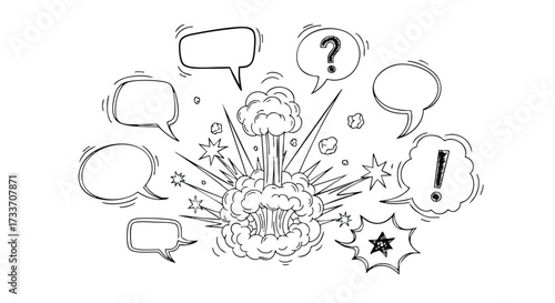 Comic-style illustration of an explosion surrounded by speech bubbles, expressing various reactions.